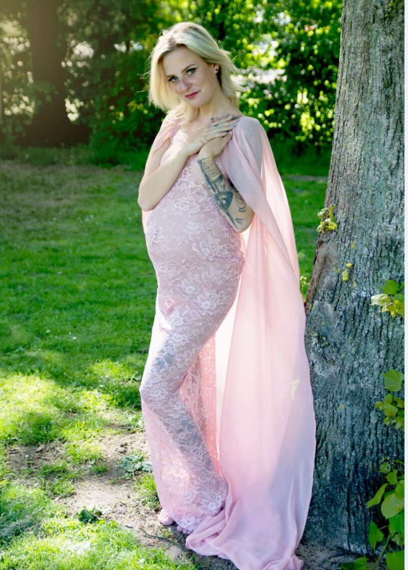 Red Pink Lace Maternity Dress with Cloak for Photoshoots