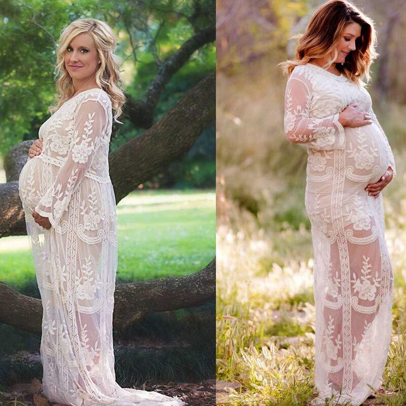Lace-Spliced Silk Long Sleeve Maternity Gown