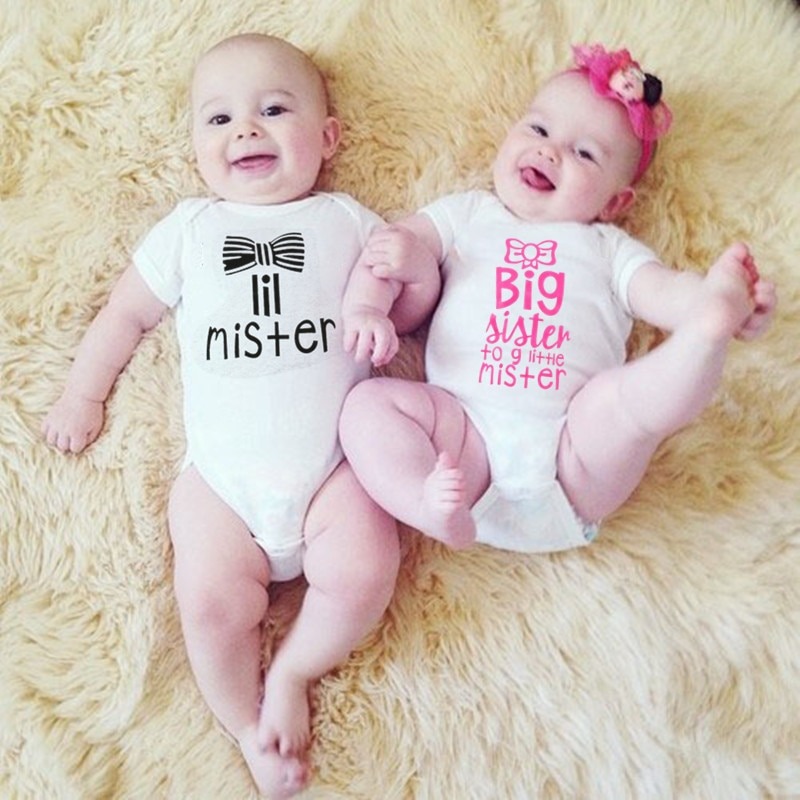 Big Sister Little Mister Baby Boy Girl Twin Rompers