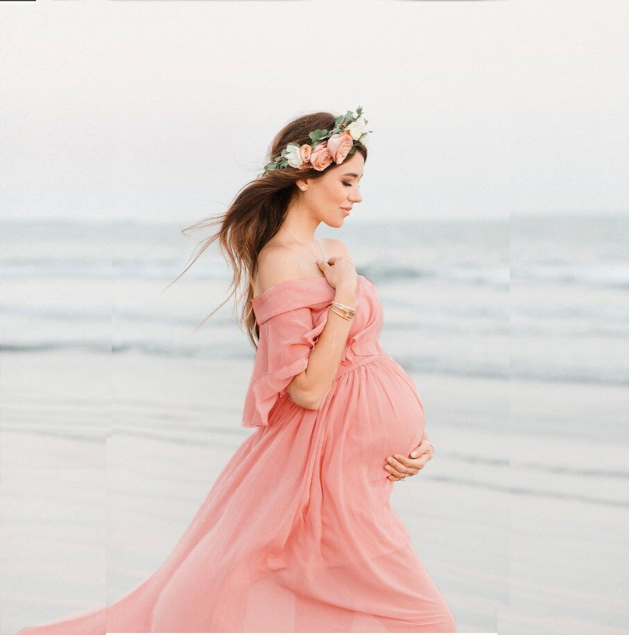 Maternity Off Shoulder Chiffon Gown Maxi Beach Dress