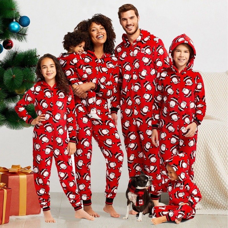 Hooded Zipper Santa Christmas Theme Red Pajamas - Fabhooks