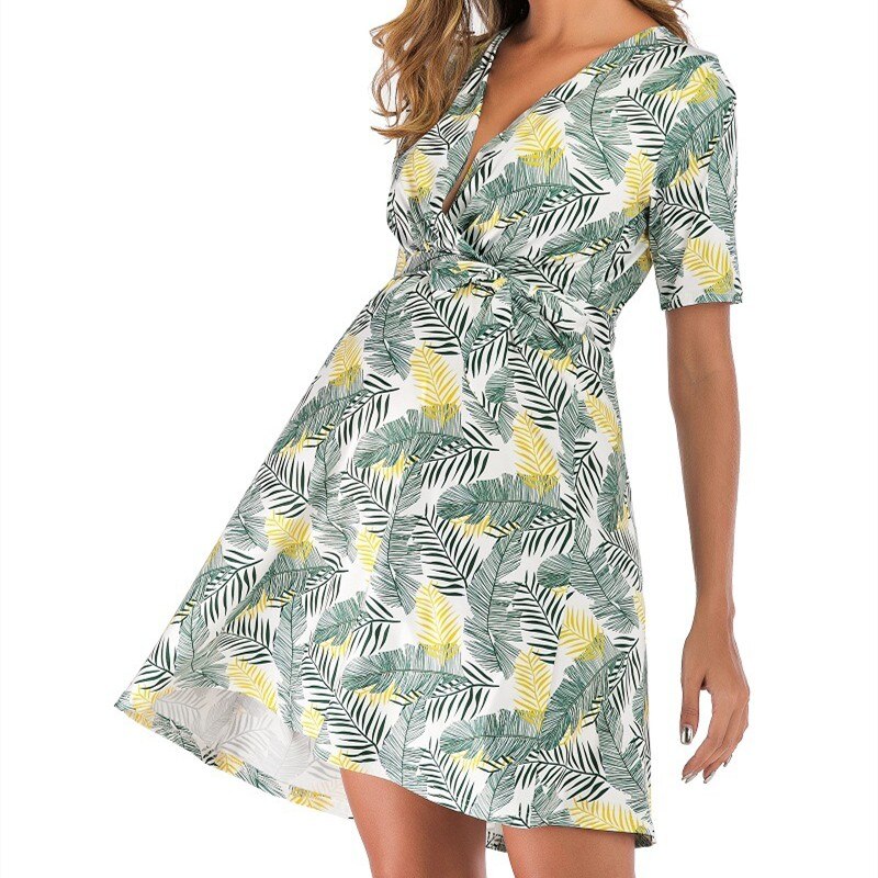 Green Yellow Leaves Print Sashes Mini Pregnancy Dress – Fabhooks